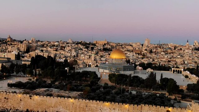 drone flying around the dome of the rock in Jerusalem Israel at dusk Dramatic Visual