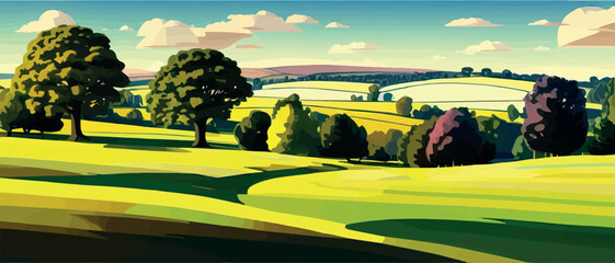 Summer landscape with meadow and trees , green grass . Vector cartoon illustration of a scene with trees, bushes, stones and sunlight. Spring woodland or nature park panorama - obrazy, fototapety, plakaty