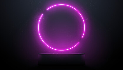 Realistic 3d cylinder pedestal podium with circle purple neon glowing. Abstract vector rendering geometric forms. Product presentation, mock up, show cosmetic product, Podium, stage pedestal.