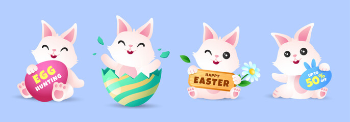 Happy easter with cute bunny, flower, wooden board and eggs. Rabbit character set. Spring festive wildlife animal holidays cartoon