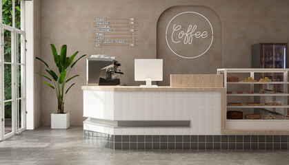 Modern, luxury tropical design cafe, wooden counter with espresso machine, cake display fridge in sunlight from outdoor garden on beige brown stucco wall, cement floor. Interior background 3D
