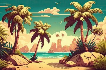 Fototapeta na wymiar Beautiful tropical setting with coconut palm trees and a retro styled filter. Generative AI