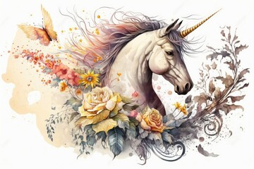 Obraz na płótnie Canvas Isolated on white, a beautiful watercolor painting of a unicorn, a pegasus, and a flowering bouquet. Generative AI