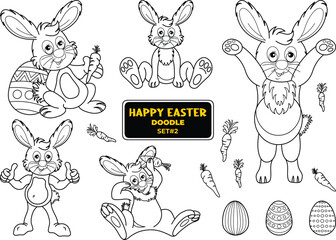 Hand drawn Happy easter doodle set. Easter bunny, eggs, Carrot, branches in line sketch style.