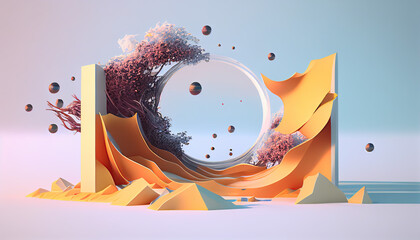 A digital art illustration of a wave and a rock with a hole in it.