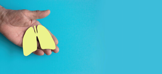 a man's hand holds a lung symbol cut out of yellow paper on a blue background, a banner, a copyspace. the concept of healthy lungs, ecology, clean air, industrial emissions reduction - obrazy, fototapety, plakaty
