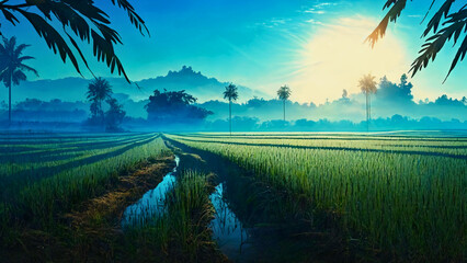 Sunrise in the ricefield, AI Generated