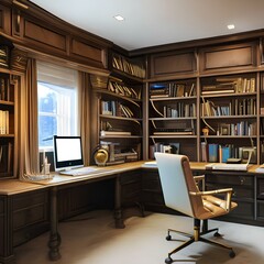 A home office with a large desk, comfortable chair, and plenty of shelving1, Generative AI