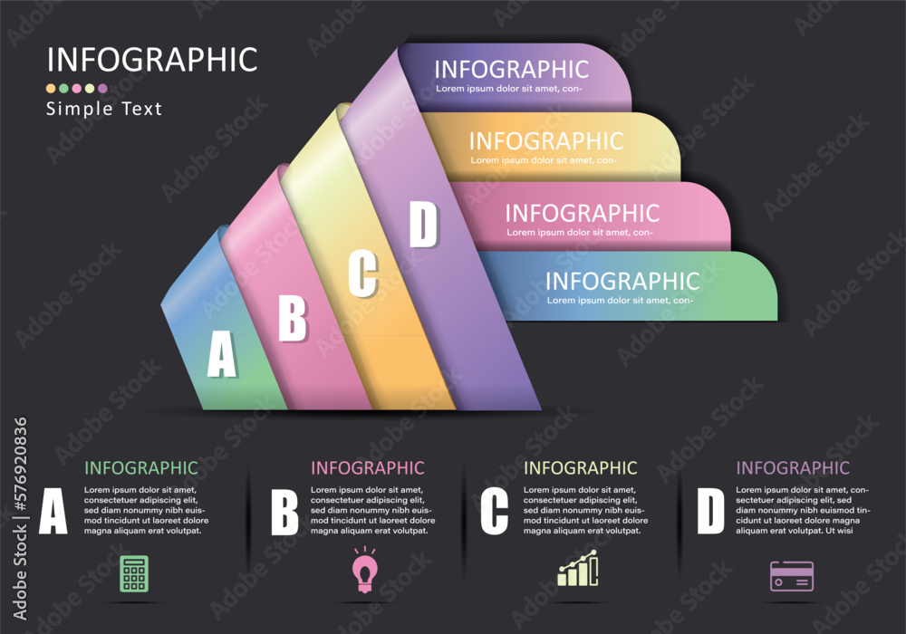 Aufkleber vector triangular shaped infographic with 4 steps, 4 segments, guide lines for explanatory text, pla