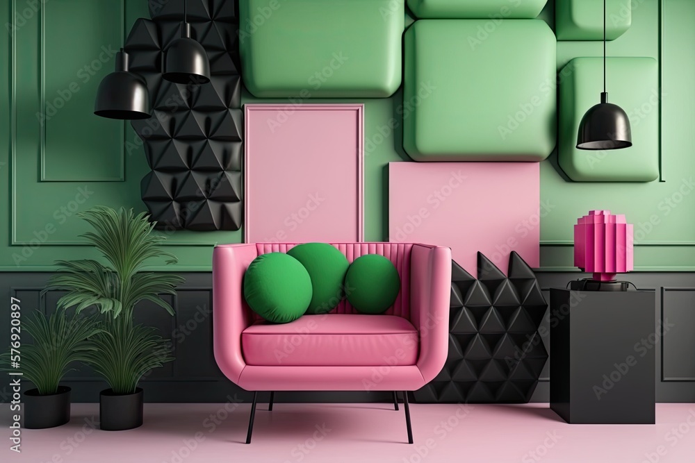 Canvas Prints Walls and furniture are pink, while the accent pieces are green. Generative AI