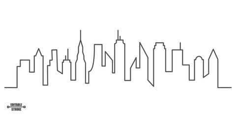 City skyline with buildings. Editable outline continuous silhouette. Urban illustration with abstract landscape. Vector contour panorama