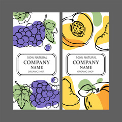 PEACH GRAPE LABELS Vertical Stickers Design For Shop Of Tropical Organic Natural Fresh Juicy Fruits And Dessert Drinks In Sketch Style Vector Illustration Set