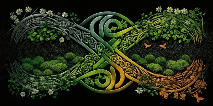 Ornate Irish Celtic Knot design with ombre colors shamrock and moss for St Patrick's Day Ai Art Computer Background Wallpaper