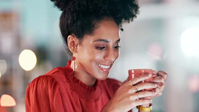 Black woman in business, smile with coffee and working, face and productivity with reading or thinking. Corporate female in workplace, positive mindset and enjoy caffeine with latte or espresso