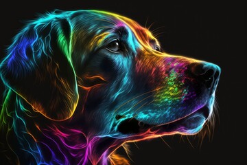 Close up Dog Illustration in bright neon colors - Isolated Black Background - Generative AI Illustration
