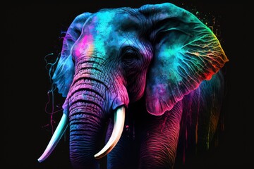 Fototapeta na wymiar Close up,Elephant Illustration in bright neon colors - Isolated Black Background - Generative AI Illustration
