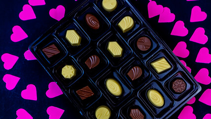delicious chocolate surrounded by pink hearts on black background