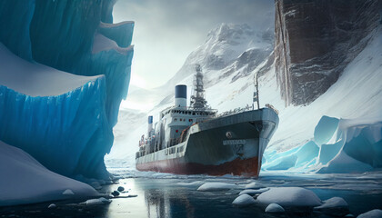 Cargo ship driving through frozen sea. Dark waters with ice blocks floating in sea. - obrazy, fototapety, plakaty