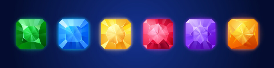 Gem icon set for match 3 game diamond and jewel cartoon vector illustration set. Ruby stone, sapphire, amethyst and crystal button for fantasy app. Square treasure collection for bright interface