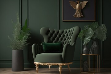 Green armchair mockup on a dark green wall in an interior design scene. Generative AI