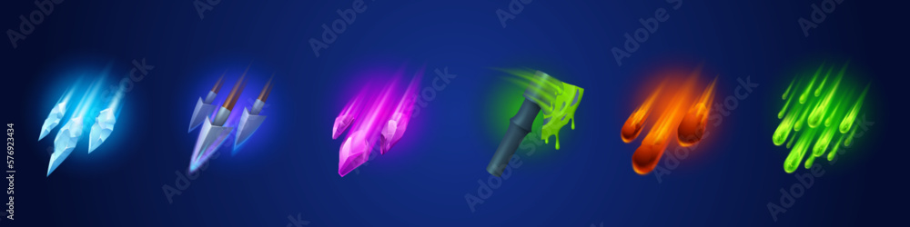 Poster fantasy game skill effect icon interface vector kit. medieval cartoon spear, lance and ax with poiso