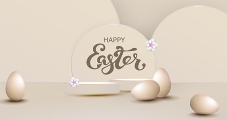 Light beige composition with Easter eggs, round frame with a podium