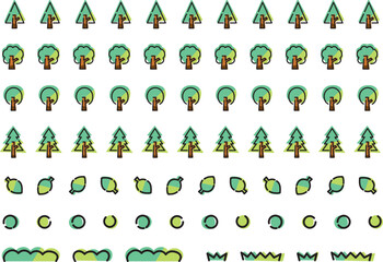 木と草と葉っぱの森のラインセット アウトライン