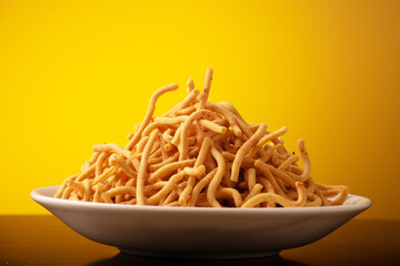 Besan sev in serving plate, indian snack