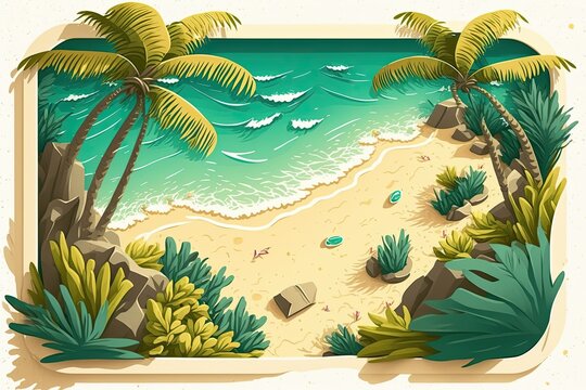 View of the ocean, palm trees, and sandy beach from above. Generative AI