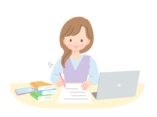 スキルアップする為に勉強する若い女性