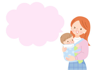赤ちゃんを抱っこしたママとピンクの吹き出し