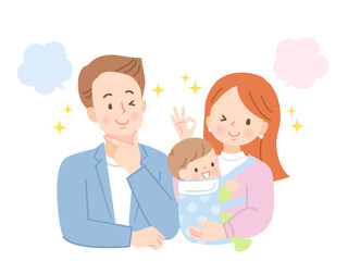 赤ちゃんを抱っこしたママと笑顔のパパ