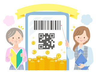 初心者マークを持った女性にスマホ決算について説明する女性