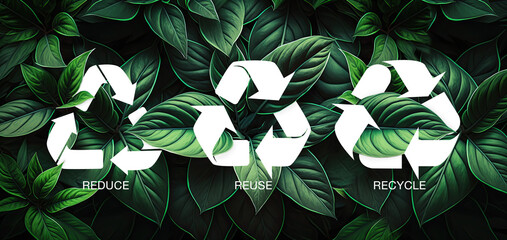 Reduce, reuse, recycle icon symbol on leaf with close-up. green nature background ecological concept Sustainable and economical ecosystems and lifestyles generative ai
