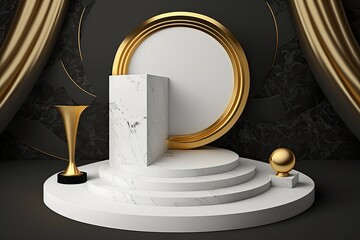 Conceptual mockup of a luxury good, featuring a white marble pedestal with a gold circle frame, a memorial plaque, and a set of cylindrical stairs. Generative AI