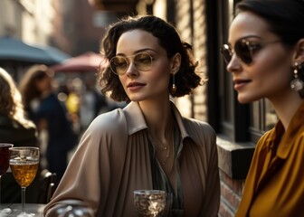Two beautiful women enjoy a delicious meal and wine on a sunny day in New York, relishing each other's company amidst the bustling city vibe.