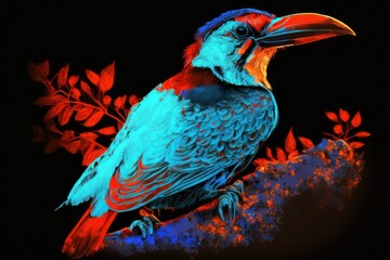 A hand painted digital image of a vibrant exotic bird. Generative AI