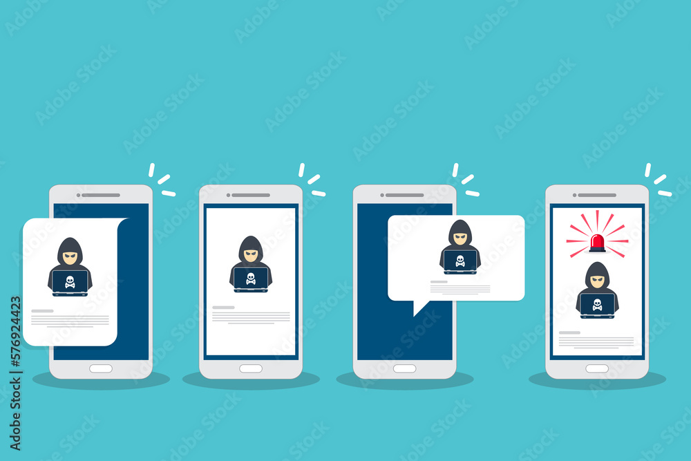 Poster hacker, malware notification on mobile phone. smartphone with hacker alert, spam data on cellphone f