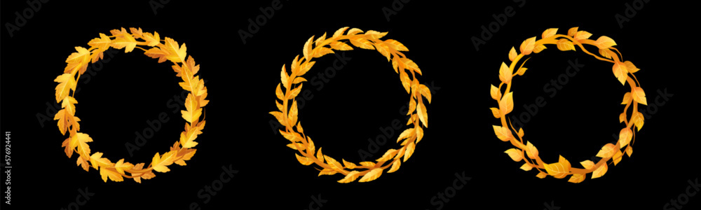 Poster circle user avatar frame for autumn fantasy game interface. orange leaves border for rpg ui design, 