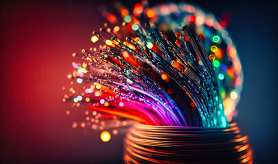 A thin, flexible cable with glass fibers transmitting data through light signals - obrazy, fototapety, plakaty