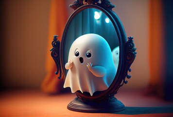 Cute spooky fabric ghost looking into the reflection mirror in Halloween party background. Funny character art concept. and Generative AI
