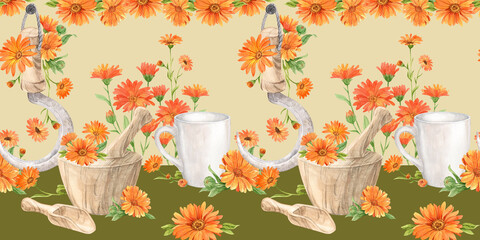 Beautiful seamless floral pattern with hand painted watercolor vibrant flowers, herbal mortar, sickle, cup. Calendula orange on a white background. Illustration for packaging design, textiles