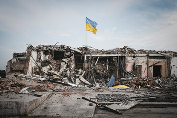 concept of the aftermath of war. Illustration of the destruction after the war in Ukraine. Consequences of shelling by artillery shells and air strikes on a military base