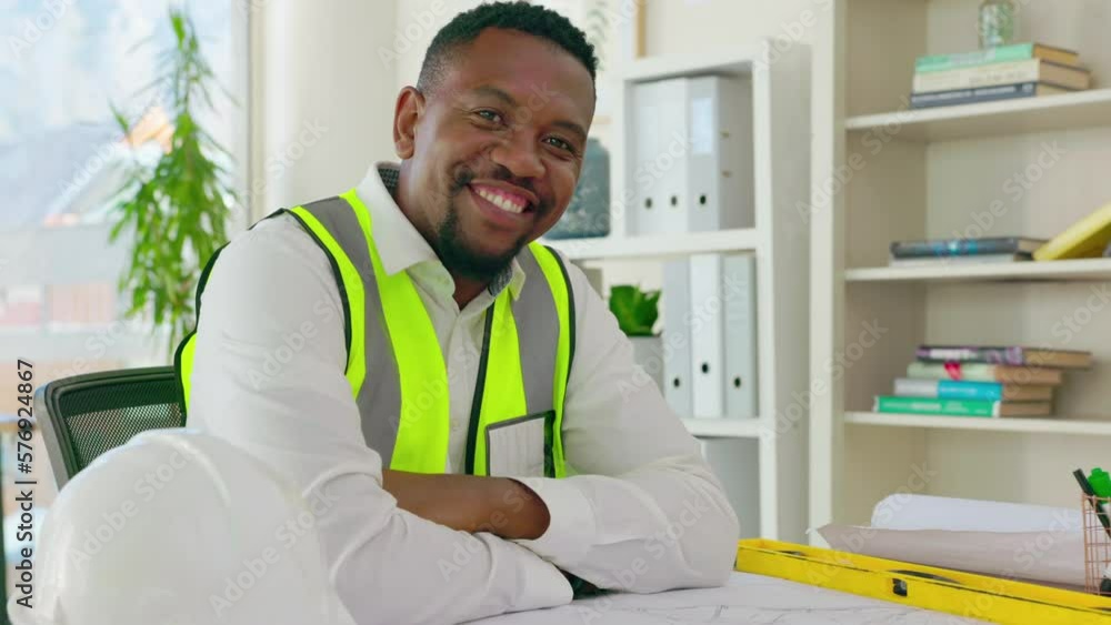 Poster Black man, engineer and architect portrait in office with smile and blueprint or floor plan on desk. Happy engineering contractor person working on architecture for building and construction project