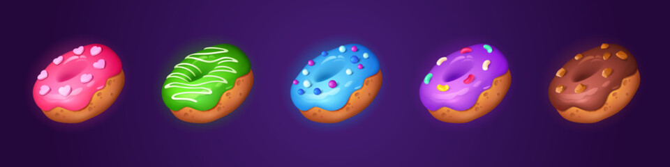 Isolated donut food game icon vector cartoon illustration. Fantasy sweet cake item set design with cream and glossy icing. Assorted bakery png asset collection for menu design. Variety of yummy snack.