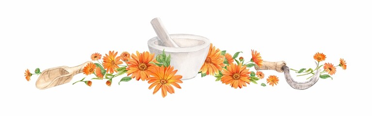White mortar for herbs and calendula flowers. Preparation of herbal tea, tonic. The concept of phytotherapy, laboratory. Composition for the label design of home ecological products. Watercolor. © Tata Pilip