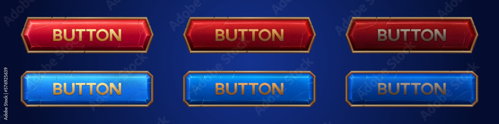 Poster medieval ui game sprite button with gold border cartoon design. isolated long golden royal gui vecto