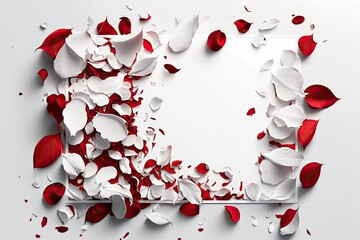 Several crimson rose petals fell to the floor. blank white background. Generative AI
