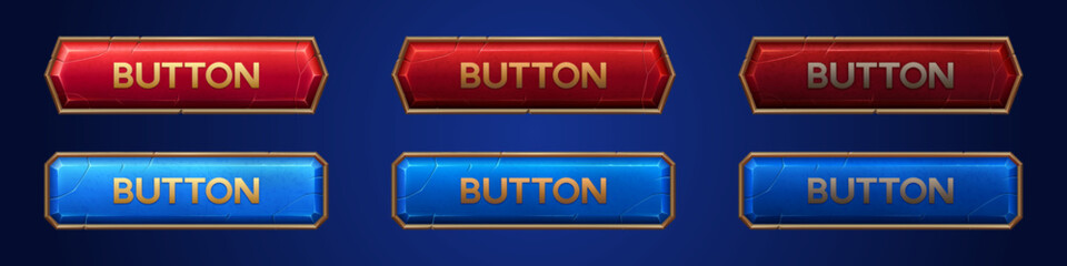 Medieval ui game sprite button with gold border cartoon design. Isolated long golden royal gui vector rpg element for shooter animation. Menu horizontal panel assets for app in red and blue. © klyaksun