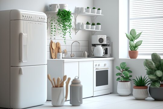 An open, airy, and blog worthy contemporary apartment's kitchen. Empty white kitchen with a kettle and utensils on a white table, a small refrigerator, a shelf with dishes, and a potted plant in natur